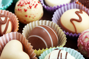 a lot of variety chocolate pralines, belgian confectionery gourmet chocolate praline.