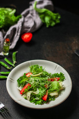 salad vegetable - tomato, lettuce, cheese, microgreen and salad dressing. food background. top