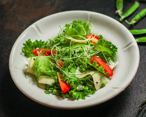 salad vegetable - tomato, lettuce, cheese, microgreen and salad dressing. food background. top