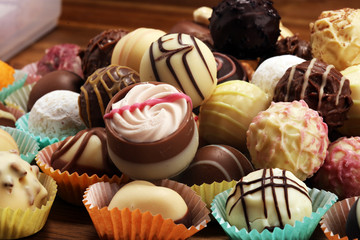 a lot of variety chocolate pralines, belgian confectionery gourmet chocolate praline.