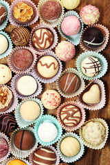 a lot of variety chocolate pralines, belgian confectionery gourmet chocolate praline.