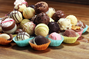 a lot of variety chocolate pralines, belgian confectionery gourmet chocolate praline.