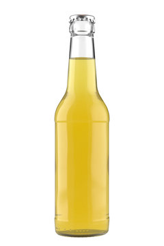 Glass bottle Long Neck with a lemon juice liquid. 12oz (11 oz) or 355 ml (330 ml) volume. Isolated 3D render on a white.