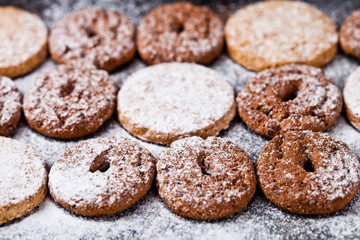 Chocolate chip and oat fresh cookies with sugar powder closeup