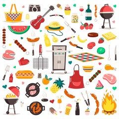 Summer, spring barbecue grill and picnic icons set. Snacks, vegetables, healthy food. Meat, sausages, bottles with sauces and other grill tools. Party items, decorations. Isolated on white background.