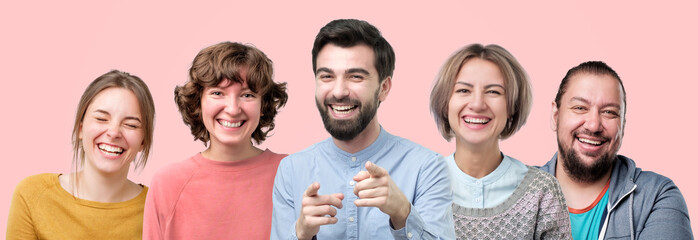 Happy people faces set. European men and women laughing on funny joke having good mood.