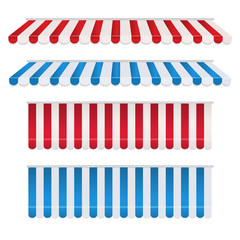 Set of red and white, blue and white strip colorful awnings for shop. Tent sunshade for market isolated on white background.