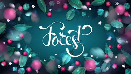 Green forest background with blurred flower petals, wild berries and spring leaves vector illustration