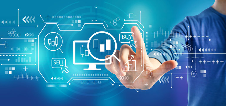 Stock trading concept with a man on a blue background