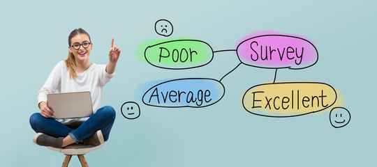 Survey theme with young woman using her laptop