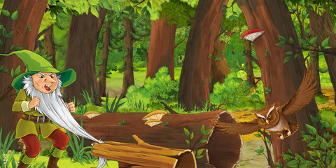 cartoon scene with happy young boy dwarf prince in the forest encountering pair of owls flying - illustration for children