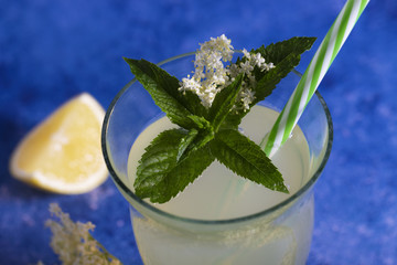 Elder lemonade - healthy and refreshing summer drink. Close up of homemade elderflower syrup in a bottle with elderflowers. Summer drink Hugo Champagne drink with elderflower syrup, mint and lime.