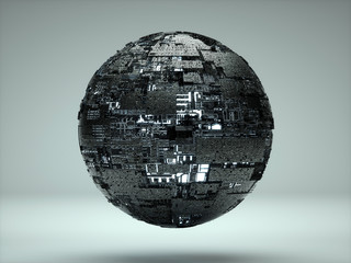 A 3d render of a black technology retro ball on a light gray background