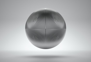 3d render of abstract metal ball with hexagon pattern on light grey background