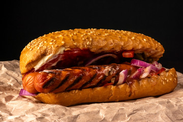 Fast food hot dog with fresh vegetables and grilled double sausage