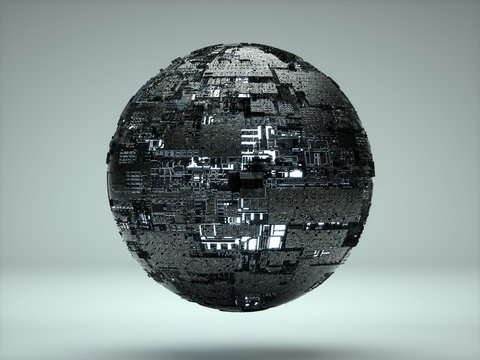 A 3d render of a black technology retro ball on a light gray background