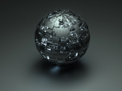 A 3d render of a black technology ball on a dark gray background