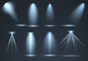 Large set of Blue scene illumination, transparent effects. Bright lighting with spotlights collection.