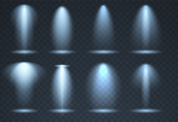 Large set of Blue scene illumination, transparent effects. Bright lighting with spotlights collection.