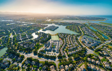 Aerial view of residential real estate homes in Foster City, CA - obrazy, fototapety, plakaty