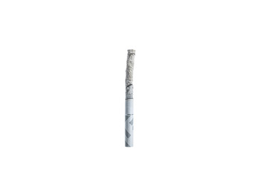 Cigarette, Tobacco , Closeup white filter cigarette isolated on a white background with ash, One Cigarette , Single Cigarette.