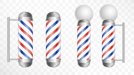 Realistic Barber pole. Glass barber shop poles with red, blue and white stripes. Isolated on white transparent  background, for your design and branding.