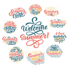 hand drawn set with lettering about Summer. Isolated calligraphy for travel agency, beach party. Great design for postcard, print or poster.