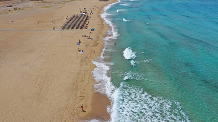 Aerial drone top view photo of famous paradise sandy deep turquoise beach of Falasarna in North West Crete island, Greece