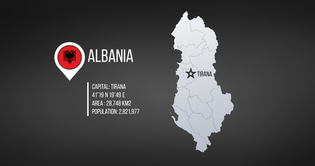 Albania map High detailed illustration with Tirana star capital, regions borders , population and area information. , vector illustration isolated on black background.