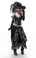 Portrait of a beautiful steampunk dressed woman in traditional clothing posing on a white background. 3d rendering