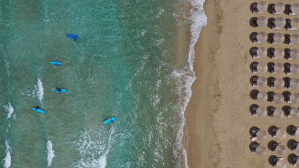 Aerial drone top view photo of famous paradise sandy deep turquoise beach of Falasarna in North West Crete island, Greece