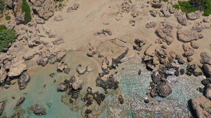 Aerial drone top view photo of famous paradise sandy deep turquoise beach of Falasarna in North West Crete island, Greece