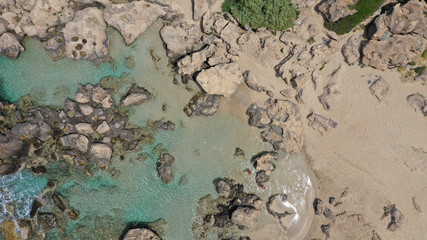 Aerial drone top view photo of famous paradise sandy deep turquoise beach of Falasarna in North West Crete island, Greece