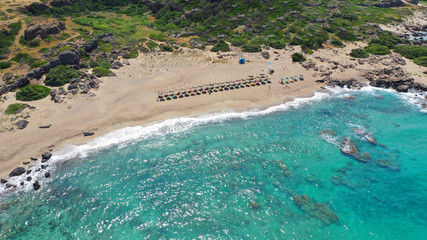 Aerial drone top view photo of famous paradise sandy deep turquoise beach of Falasarna in North West Crete island, Greece