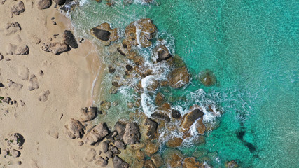 Aerial drone top view photo of famous paradise sandy deep turquoise beach of Falasarna in North West Crete island, Greece