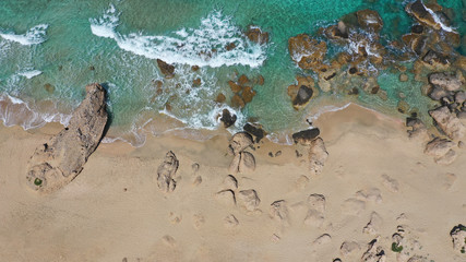 Aerial drone top view photo of famous paradise sandy deep turquoise beach of Falasarna in North West Crete island, Greece