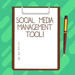Conceptual hand writing showing Social Media Management Tool. Business photo text Application for analysisage your online networks Sheet of Bond Paper on Clipboard with Ballpoint Pen Text Space