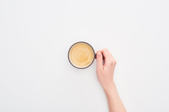 Cropped View Of Woman Holding Cup Of Coffee On White Background