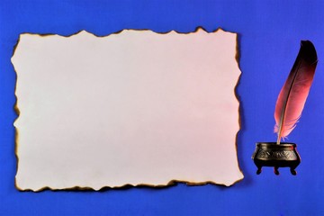 Pen and vintage grunge paper, literary composition and education. Ancient creative workshop, sign...