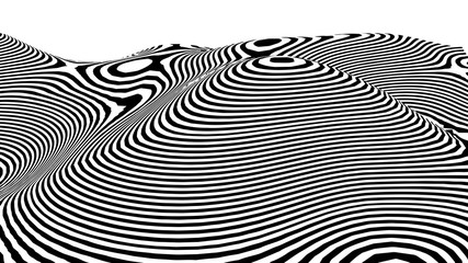 Optical illusion wave. Abstract 3d black and white illusions. Horizontal lines stripes pattern or background with wavy distortion effect. Vector illustration.