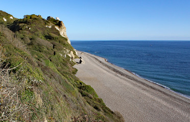 The long shingle beach at Brancombe in Devon, England.