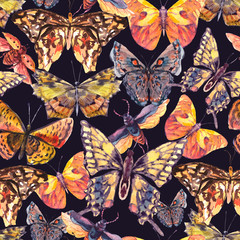Watercolor butterflies vintage seamless pattern, Colorful nature abstract texture