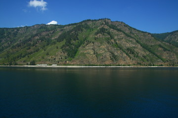 Baikal lake view of the shore from the ship Barguzin during the excursion