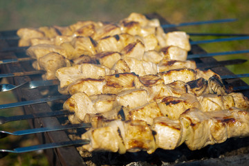 Pork kebab with a mixture of spices on skewers on the old grill
