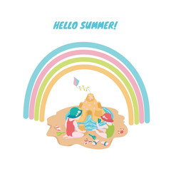 Children playing with sand at the beach under the rainbow. Cute summer illustration for placement print, invitation cards, backgrounds.