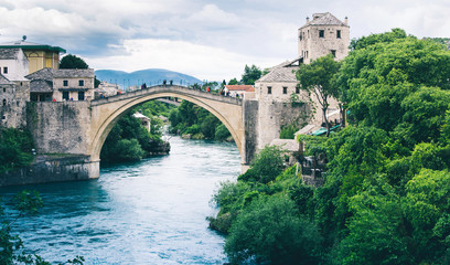 Fototapeta na wymiar Old brigde on river Neretva in Mostar Bosnia and Herzegovina