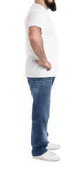 Overweight man isolated on white, closeup. Weight loss