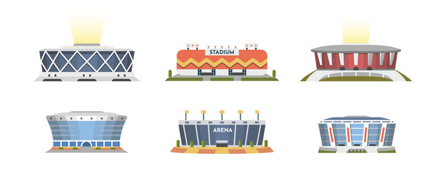 Sport stadium front view vector collection in cartoon style. City arena exterior illustration. - obrazy, fototapety, plakaty