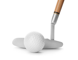 Hitting golf ball with club on white background
