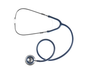 Stethoscope on white background, top view. Medical device